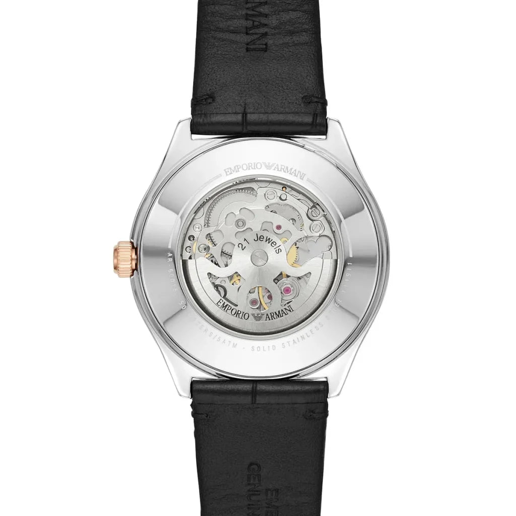 Men's Emporio Armani Zeta Skeleton Automatic Black Leather Strap Watch - AR60018
